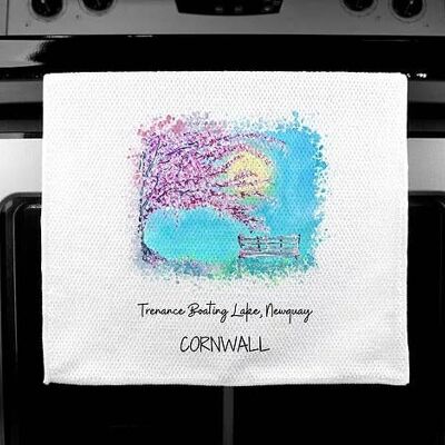 Luxury Handprinted Teatowel, Trenance Boating Lake, Newquay