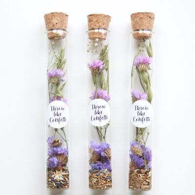 Flores secas Statice + semillas de flores en botella con pegatina.