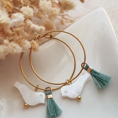 Gold stainless steel hoop earrings with pearly birds