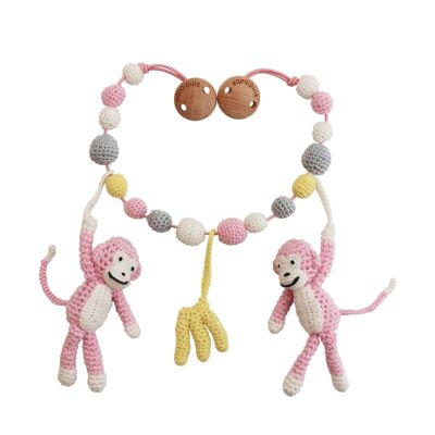 Scimmia CHARLIE con catena per carrozzina all'uncinetto in rosa chiaro