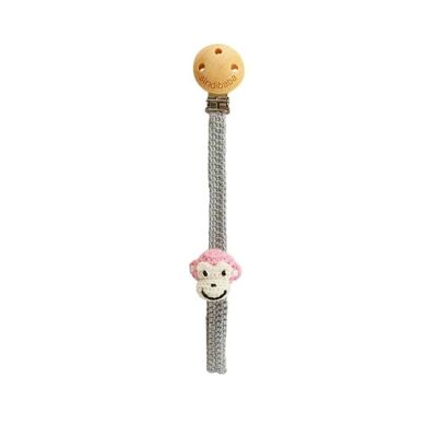 Crochet pacifier chain CHARLIE monkey in pink