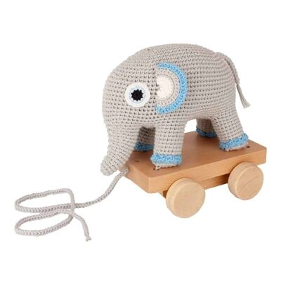 Crocheted pull along toy elephant JUMBO in blue