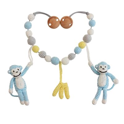 Crocheted pram chain monkey CHARLIE in light blue