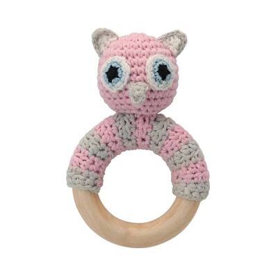 Crocheted clutching toy owl LUNA in pink