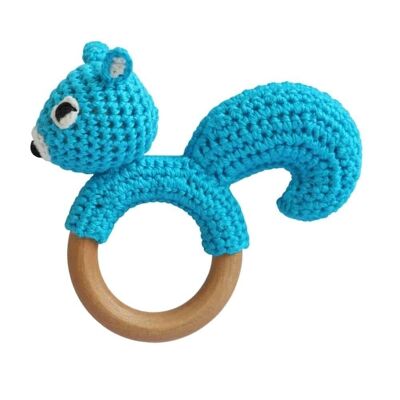 Crocheted squirrel clutching toy NUTTY in turquoise