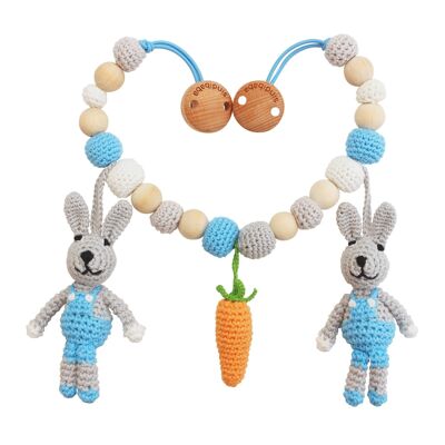 Crocheted pram chain rabbit BOBBY in blue