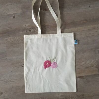 Jute bag two pink flowers organic and fair trade