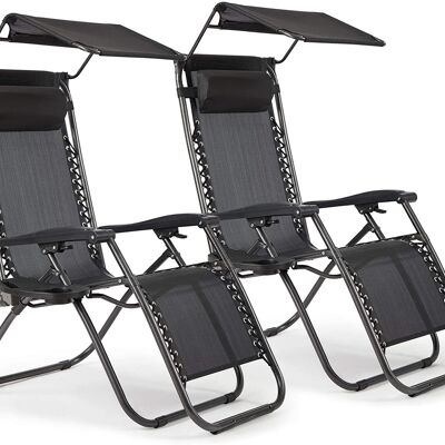 Zero Gravity Sonnenliege, Set mit 2 Zero Gravity Gartenstühlen für den Außenbereich, Ergonomisch klappbare Sonnenliegen mit Getränkehalter, Kopfstütze und Baldachin, schwarz
