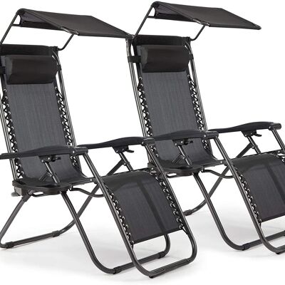 Zero Gravity Sonnenliege, Set mit 2 Zero Gravity Gartenstühlen für den Außenbereich, Ergonomisch klappbare Sonnenliegen mit Getränkehalter, Kopfstütze und Baldachin, schwarz