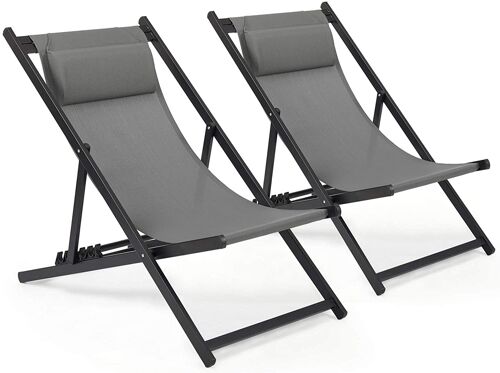 Deck Chair, Grey, Outdoor Garden Folding Reclining Chair,with Padded Headrest