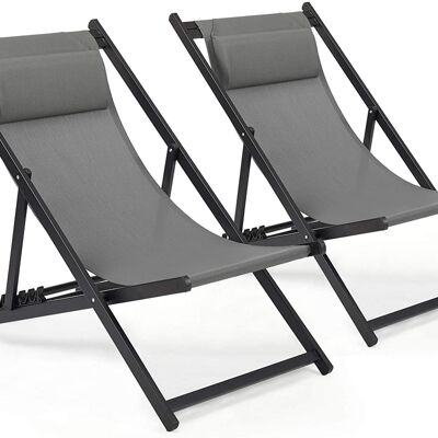 Tumbona, gris, silla reclinable plegable para jardín al aire libre, con reposacabezas acolchado