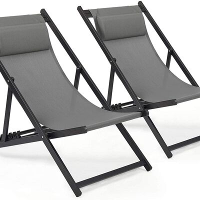 Chaise longue, grise, chaise inclinable pliante de jardin extérieur, avec appuie-tête rembourré