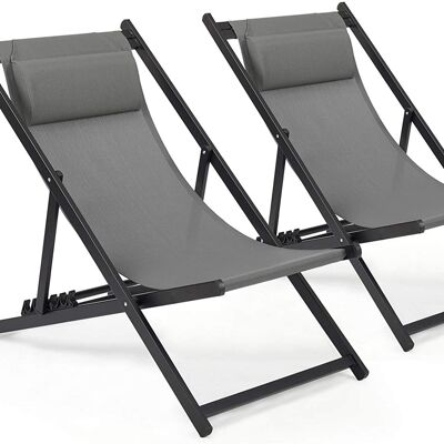 Tumbona, gris, silla reclinable plegable para jardín al aire libre, con reposacabezas acolchado