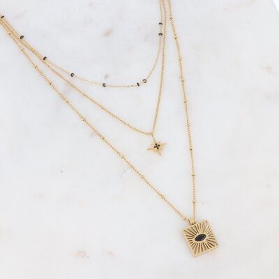 Halskette 3-reihig Isia golden mit schwarzem Kristall