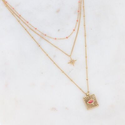 Halskette 3-reihig Isia golden mit rosa Kristall