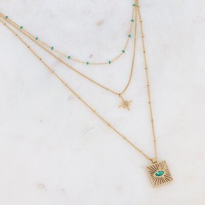 Necklace 3 rows Isia golden with green crystal
