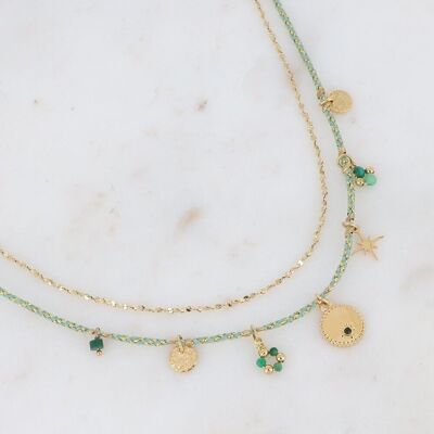 Brandon goldene Halskette 2 Reihen mit grünem Jaspis-Stein