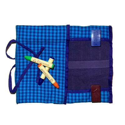 Roll-up folder for Stockmar wax painters blue checkered in Waldorf style