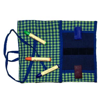 Roll-up folder for Stockmar wax painters blue / green checkered in Waldorf style