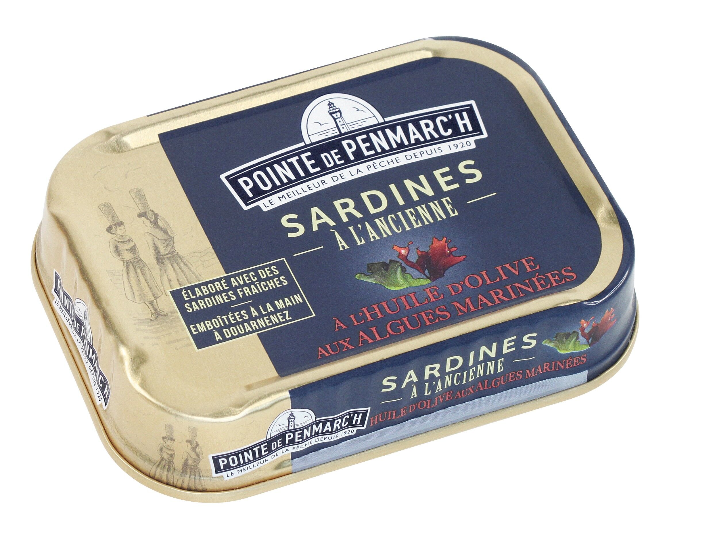 Old fashioned sardines in olive oil with marinated seaweed