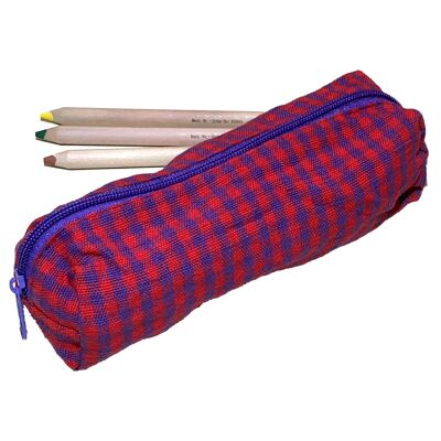 Étui à stylos en tissu à carreaux rouge / violet