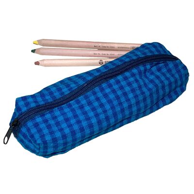 Blue checkered fabric pen case