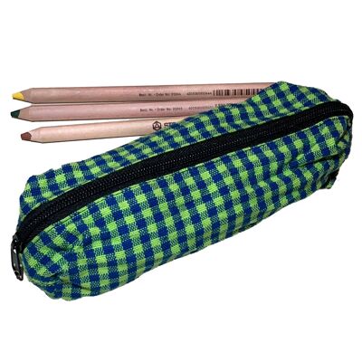 Blue / green checkered fabric pen case