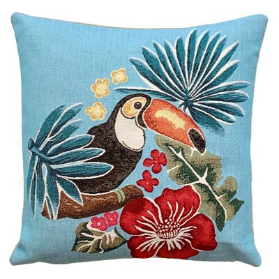 copricuscino decorativo tucano e fiore rosso - arredamento tropicale - cuscino arazzo