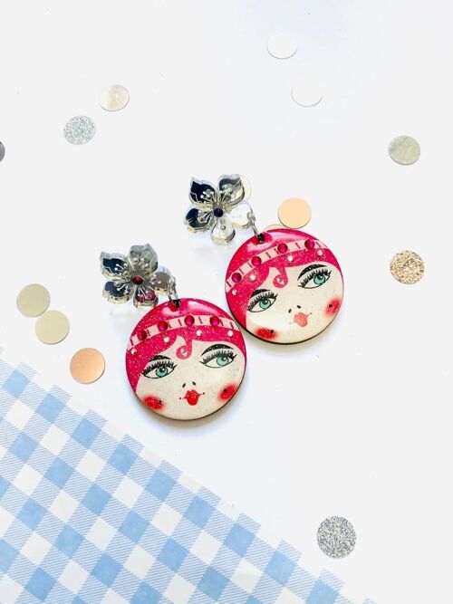 Little Suzi Earrings, acrylic earrings,face earrings,face earring,unusal earrings,weird earrings,retro face earrings, acy;ic earrings,summer style pink earrings