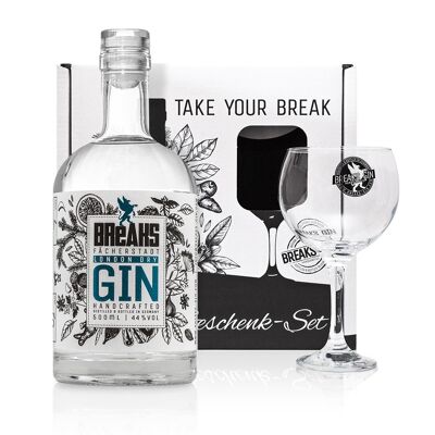 Breaks PREMIUM Dry Gin - Set de regalo - Excelente ginebra con lavanda y limones frescos - Nota ligeramente afrutada - Elaborado a mano - 1 x 0,5 L + 1 x vaso