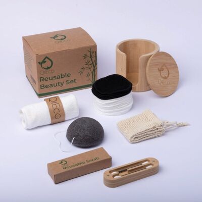 QiEco Reusable Beauty Set: Includes - Bamboo Cotton Pads, Bamboo Storage Holder, Laundry Bag, Konjac Sponge, Silicone Cotton Buds/Q-Tips, Face Cloth