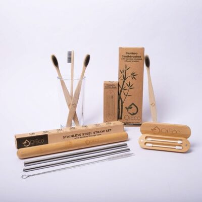 QiEco Eco Friendly Travel Gift Set - includes: Metal Drinking Straws Set + Reusable Cotton Buds + Bamboo Toothbrush Set