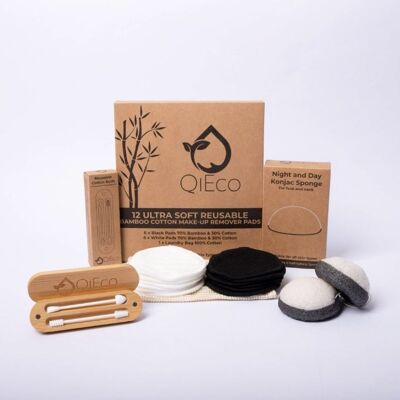 QiEco Beauty Eco Gift Set - includes: Reusable Cotton Pads + Konjac Sponges + Reusable Cotton Buds