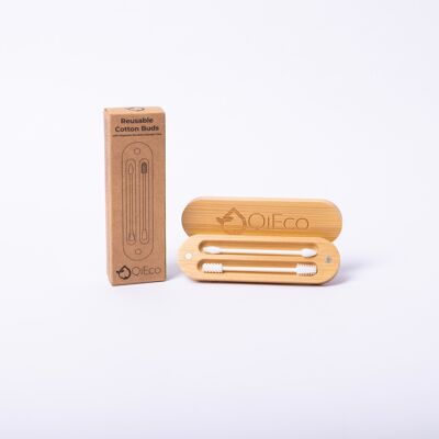 QiEco Reusable Cotton Buds in a Magnetic Bamboo Storage Case