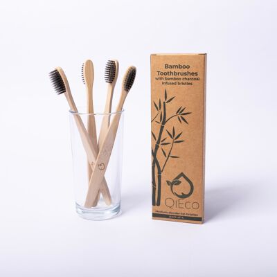 QiEco Bamboo Toothbrush with Bamboo Charcoal Infused Slender-Tip Bristles / 4 Pack / Eco Friendly / Biodegradable