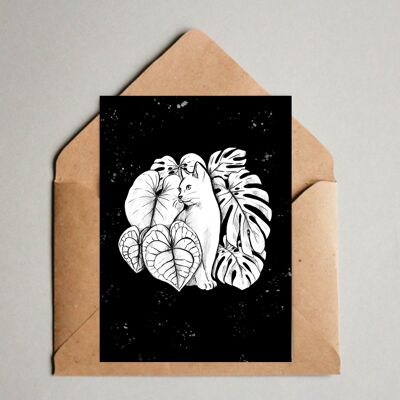 Cartolina A6 stampa, illustrazione piante e gatto, nero, filodendro, Anthurium, Monstera