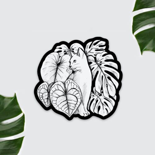 Kühlschrankmagnet Katze mit Pflanzen, Philodendron, Anthurium, Monstera, botanische Illustration, Plantlover, Catlover