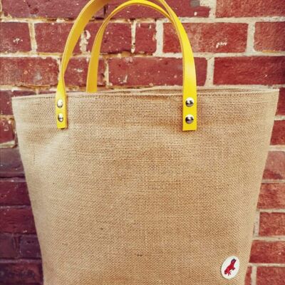 Jute bag, basket, tote with yellow handles