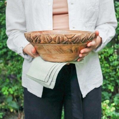 Leaf Design Carved Mango Wood Bowl
