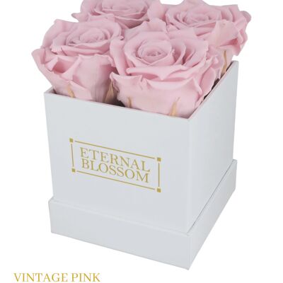 Boîte à fleurs 4 pièces, boîte blanche, roses roses vintage