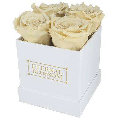 Boîte de fleurs 4 pièces, boîte blanche, roses de champagne classiques