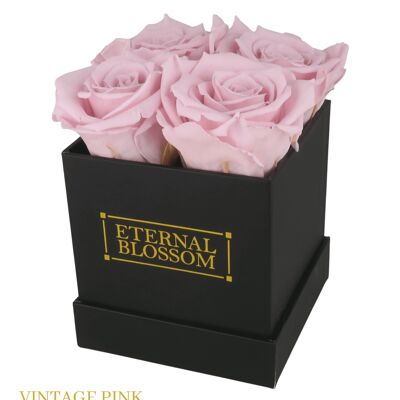 Scatola di fiori da 4 pezzi, scatola nera, rose rosa vintage