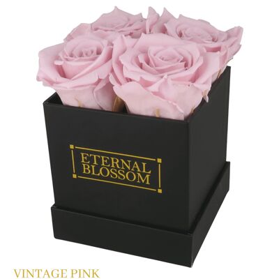 Caja de flores de 4 piezas, caja negra, rosas rosadas vintage