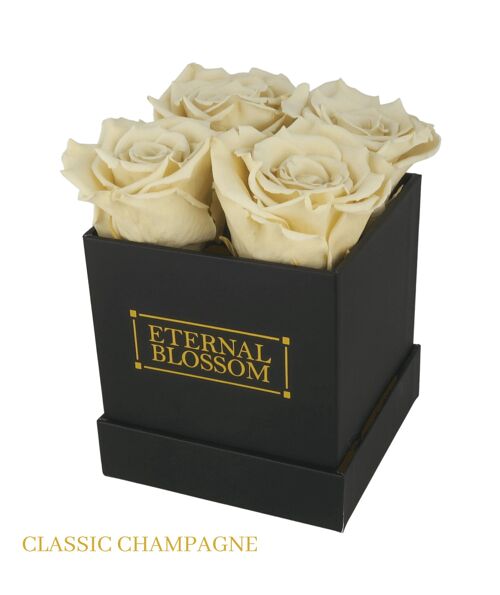 4 Piece Blossom Box, Black Box, Classic Champagne Roses