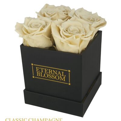 Caja de flores de 4 piezas, caja negra, rosas de champán clásicas