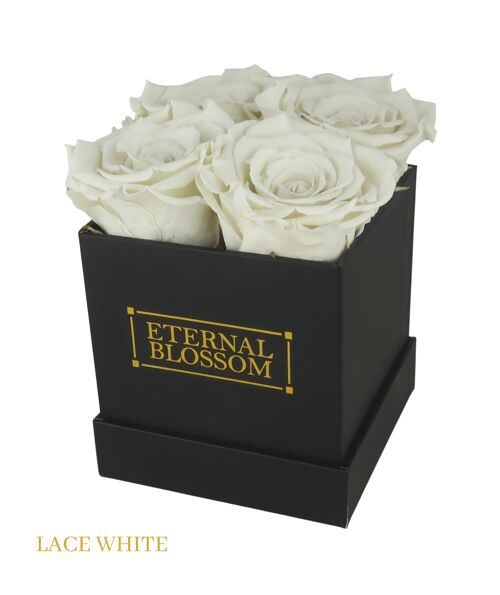 4 Piece Blossom Box, Black Box, Lace White Roses