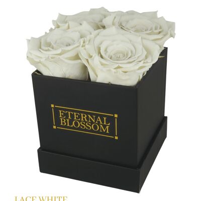 4 Piece Blossom Box, Black Box, Lace White Roses