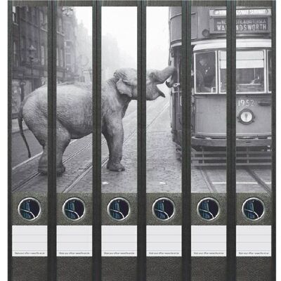 File Art Elephant by tram in black and white 6 labels
