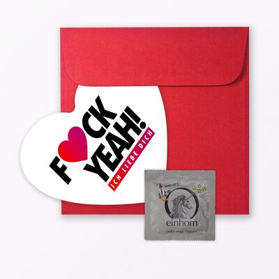 Cartolina "Fuck Yeah I Love You" a forma di cuore comprensiva di busta e preservativo