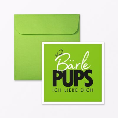 Postal "Bârlepups" cuadrado verde con sobre incluido